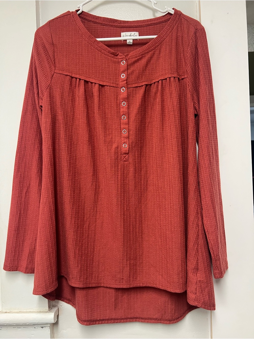 Wonderly Rust Henley Waffle-Knit Long Sleeve Top
